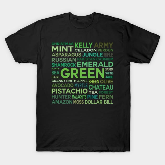 Word Cloud Shades of Green Black Background Green T Shirt